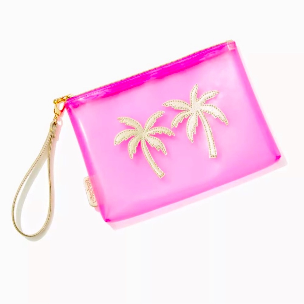 Lilly Pulitzer Jelly Pouch Pink Wristlet Gold Palm Trees Transparent Clutch NWT